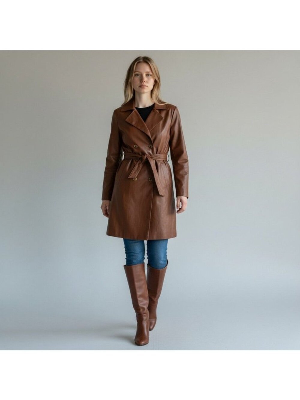 Marc New York Brown Faux Leather Double-Breasted Trench Coat With Belt Size M